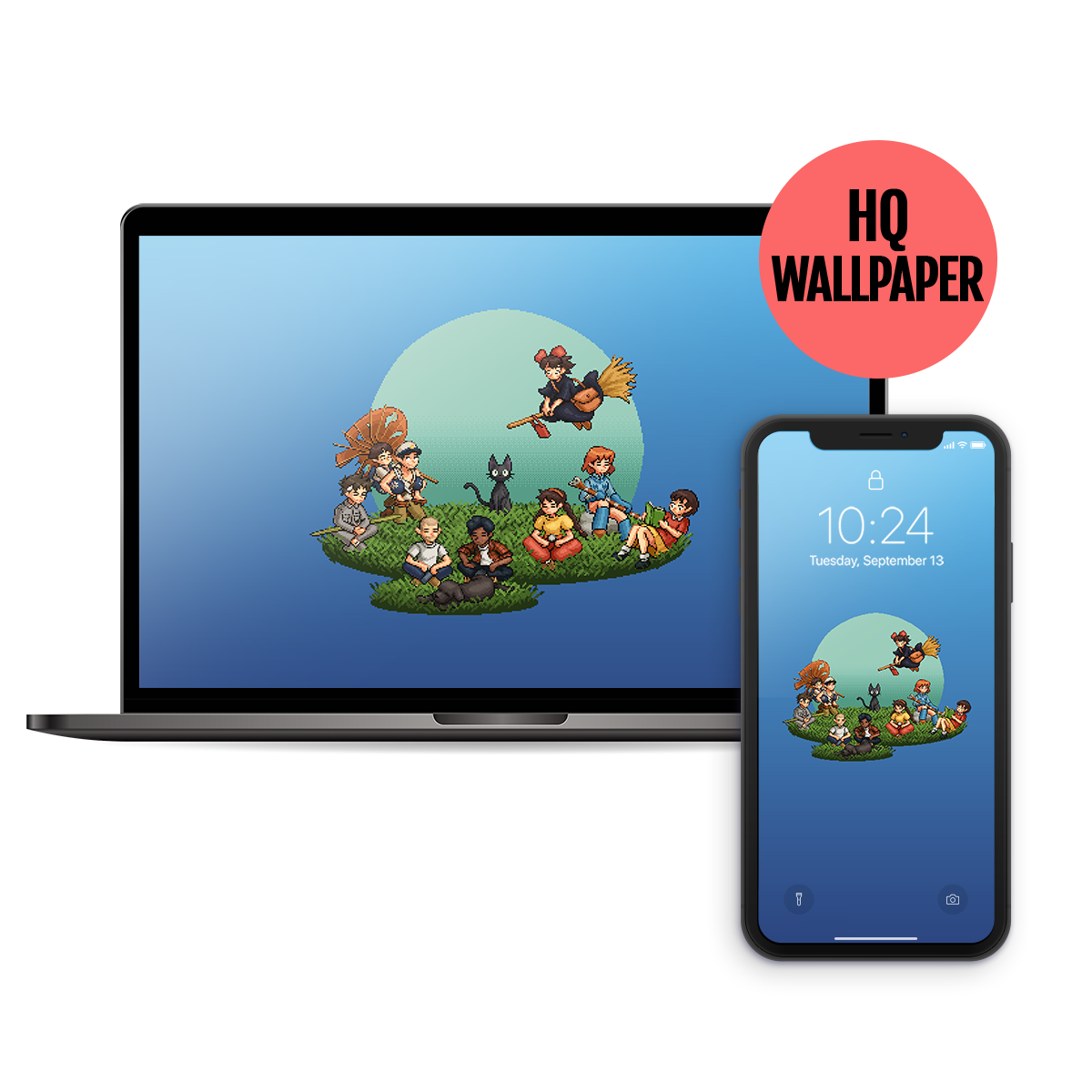 Anime Vol.2: Kiki and Jiji chilling / Pixel Art Wallpaper (Desktop / Phone)