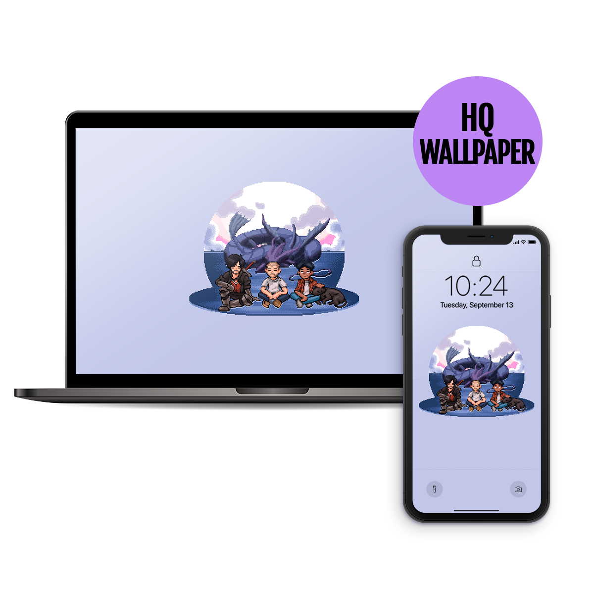 Fantasy 16: Clive chilling with Leviathan, Joey, Ollie and Julian / Pixel Art Wallpaper (Desktop / Phone)