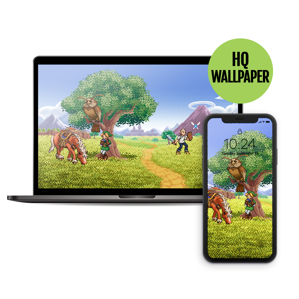 Hi-Ruler: Hyrule Field chill session with Link, Navi, Epona & Kaepora / Pixel Art Wallpaper (Desktop / Phone)