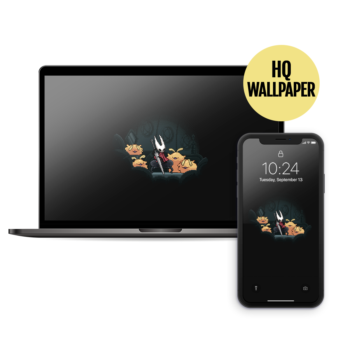 Hollow Warrior: Hornet playing needolin for the fleas in a flea caravan waggon / Pixel Art Wallpaper (Desktop / Phone)