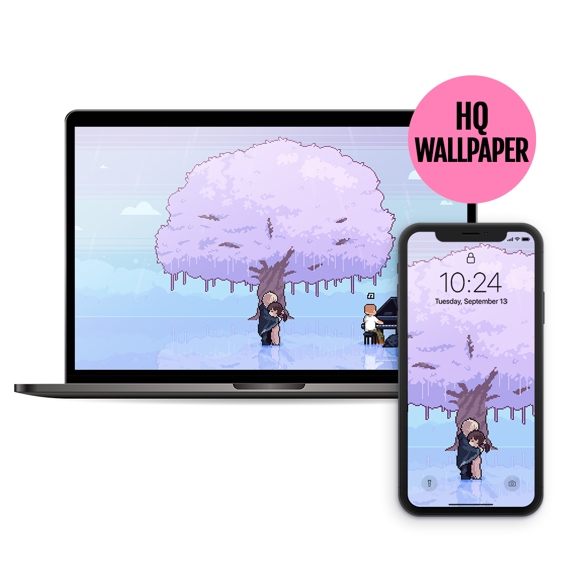 My Happy Marriage: Miyo & Kiyoka hugging in front of the Usuba family cherry blossom tree / Pixel Art Wallpaper (Desktop / Phone)