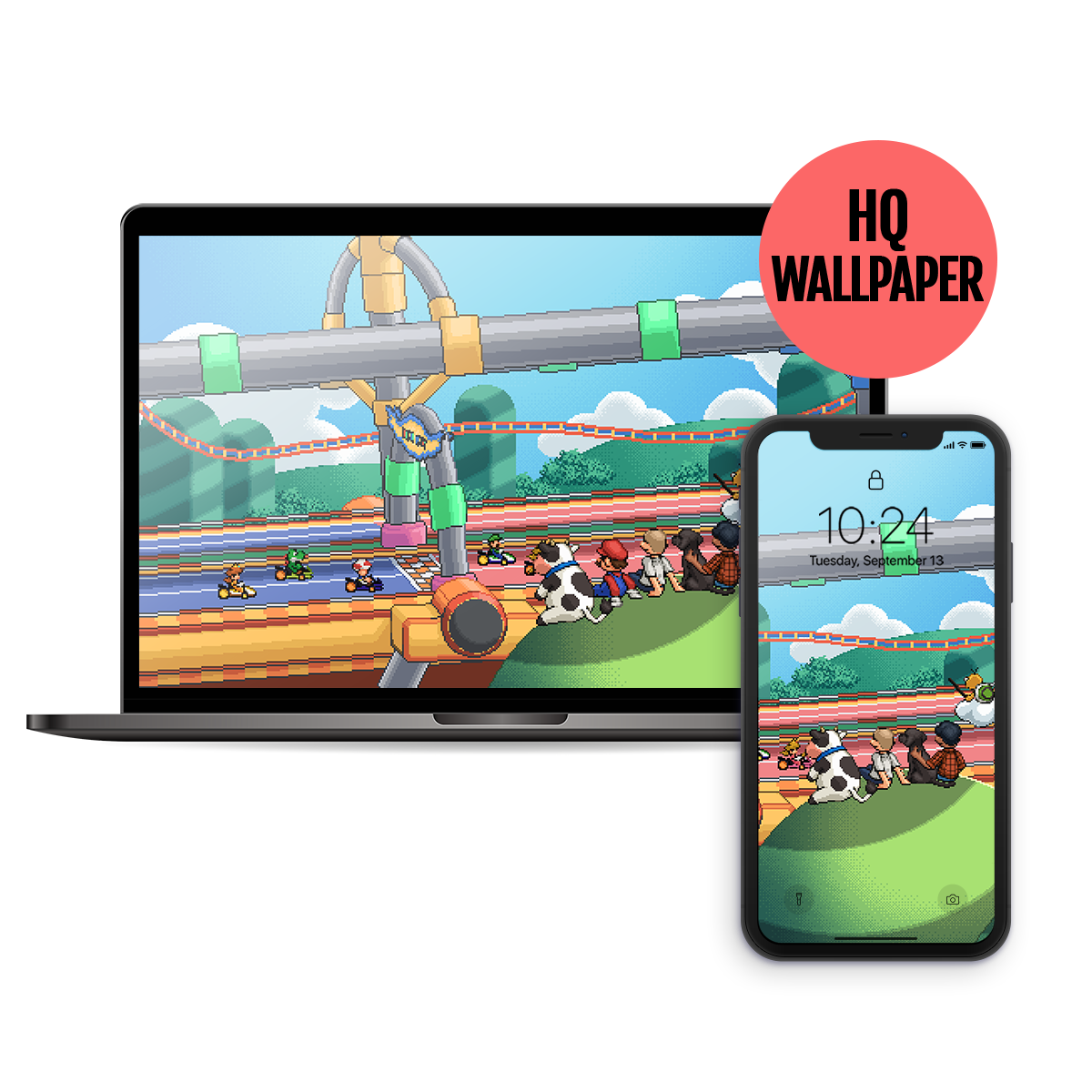 Plumber Drift: Moo Moo, Mario and Lakitu chilling and watching the Baby-Park race / Pixel Art Wallpaper (Desktop / Phone)